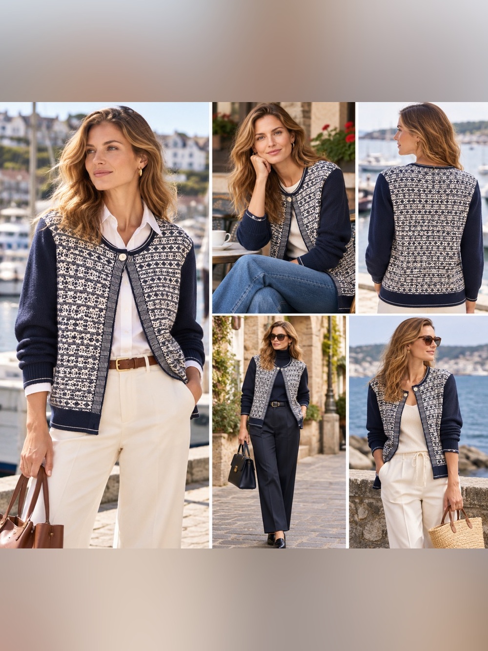 Navy & Cream Knit Patterned Cardigan - Classic Open Front